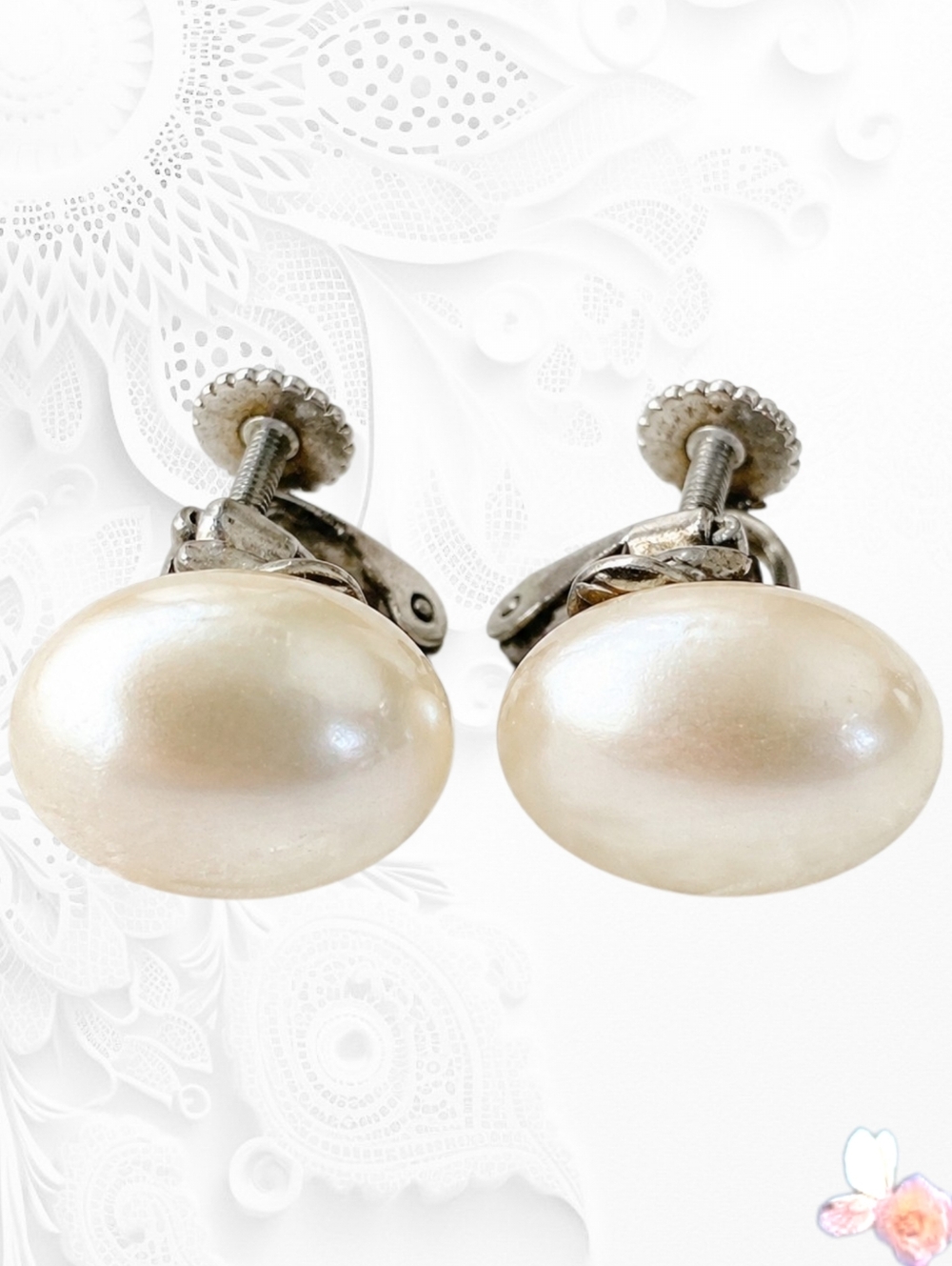 Richelieu Sterling Faux Pearl Clip On Earrings Silver Vintage Screw Back 853